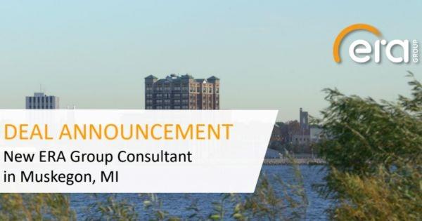 ERA Group deal announcement banner for new consultant in Muskegon MI with waterfront skyline and supply chain consulting focus