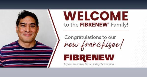 Fibrenew franchisee welcome banner featuring new Southbay owner, highlighting leather, plastic and vinyl restoration services