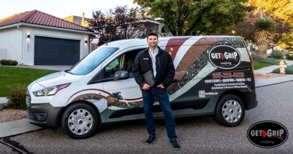 Get A Grip garage floor coating van and franchise owner in residential neighborhood, highlighting concrete resurfacing franchise