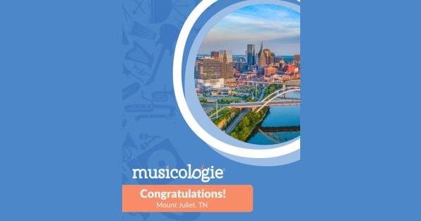 Musicologie Mount Juliet TN franchise announcement featuring Nashville skyline, promoting music lessons and studio growth