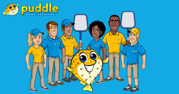 Puddle Pools franchise team and mascot, highlighting professional pool maintenance and pool cleaning services