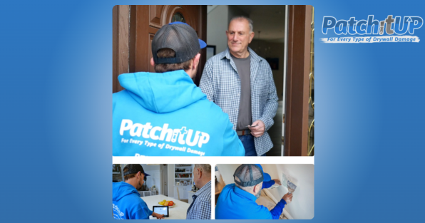 PatchitUP franchise technician providing drywall repair service, highlighting professional drywall and plaster repair