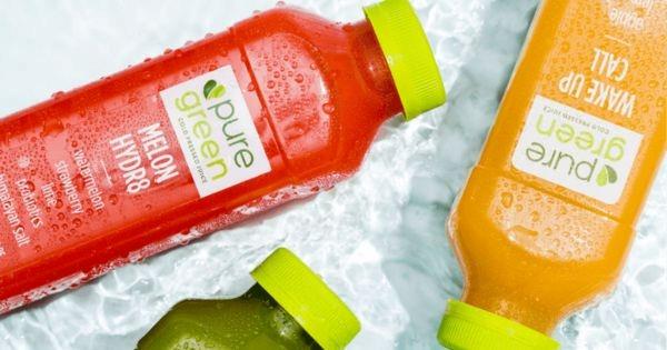 Pure Green franchise cold-pressed juices, highlighting fresh fruit beverages and health-focused franchise offerings