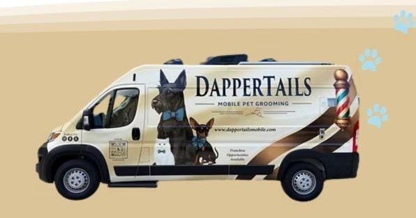 DapperTails franchise mobile pet grooming van, highlighting convenient professional grooming services for pets