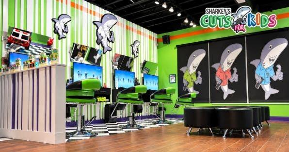 Sharkey’s Cuts for Kids franchise salon highlighting a fun, family-friendly children’s haircut and grooming experience