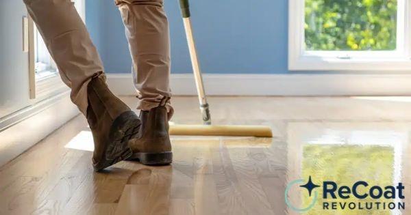 ReCoat Revolution franchise in Portland, Maine, showcasing a hardwood floor refinishing process that restores shine and beauty