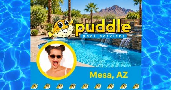Puddle Pools franchise celebrates new territories in Mesa, Arizona, featuring a sparkling backyard pool and branded announcement